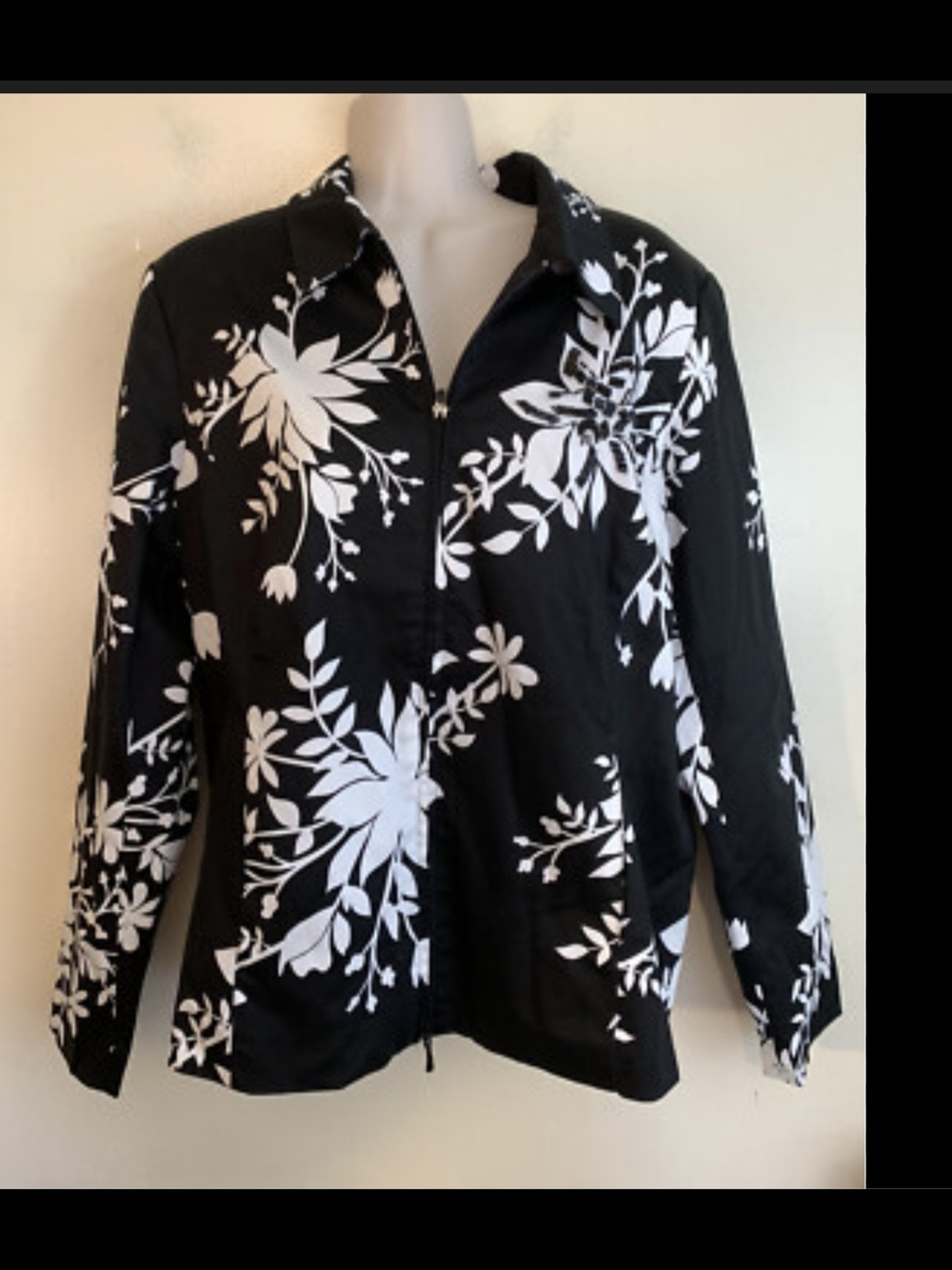 Susan Graver Black and White Floral Zip-Front Utility Jacket